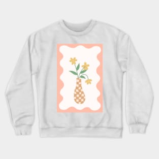 checkered warm beige and tan vase with yellow flowers with peach squiggle frame Crewneck Sweatshirt